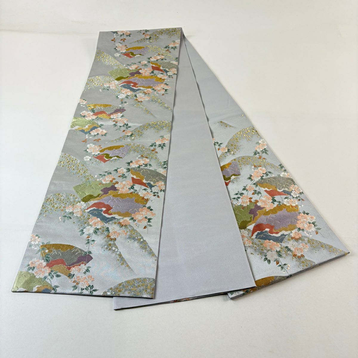 袋帶 秀品級 櫻花 扇子面 刺繡 金金箔 灰 深藍 六通 純蠶絲