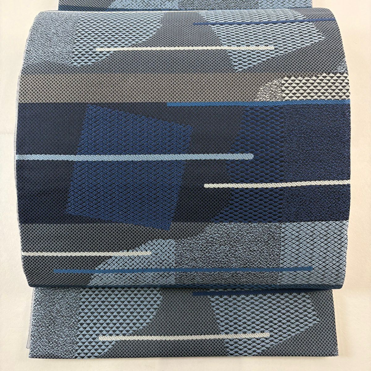 【美品】 袋帶 秀品級 藍染 幾何學 刺繡 藍色 全通 純蠶絲