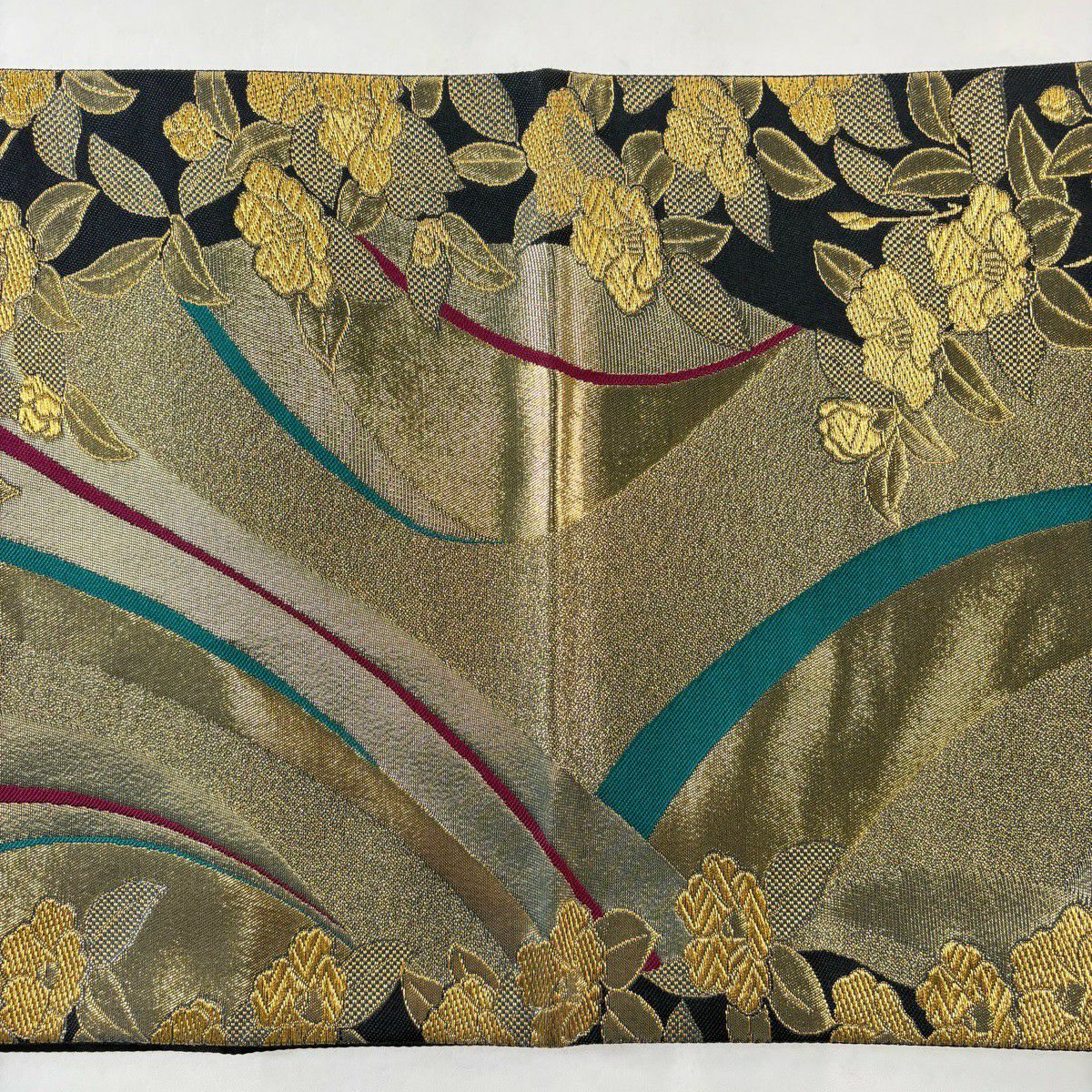 【美品】 袋帶 秀品級 椿 幾何學 金金箔 金絲 金 六通 純蠶絲