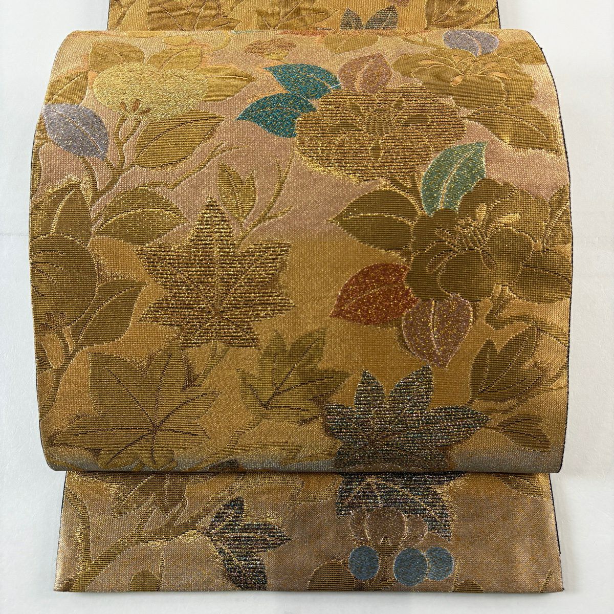 【美品】 袋帶 秀品級 枝花 椿 金絲 金金箔 金色 全通 純蠶絲