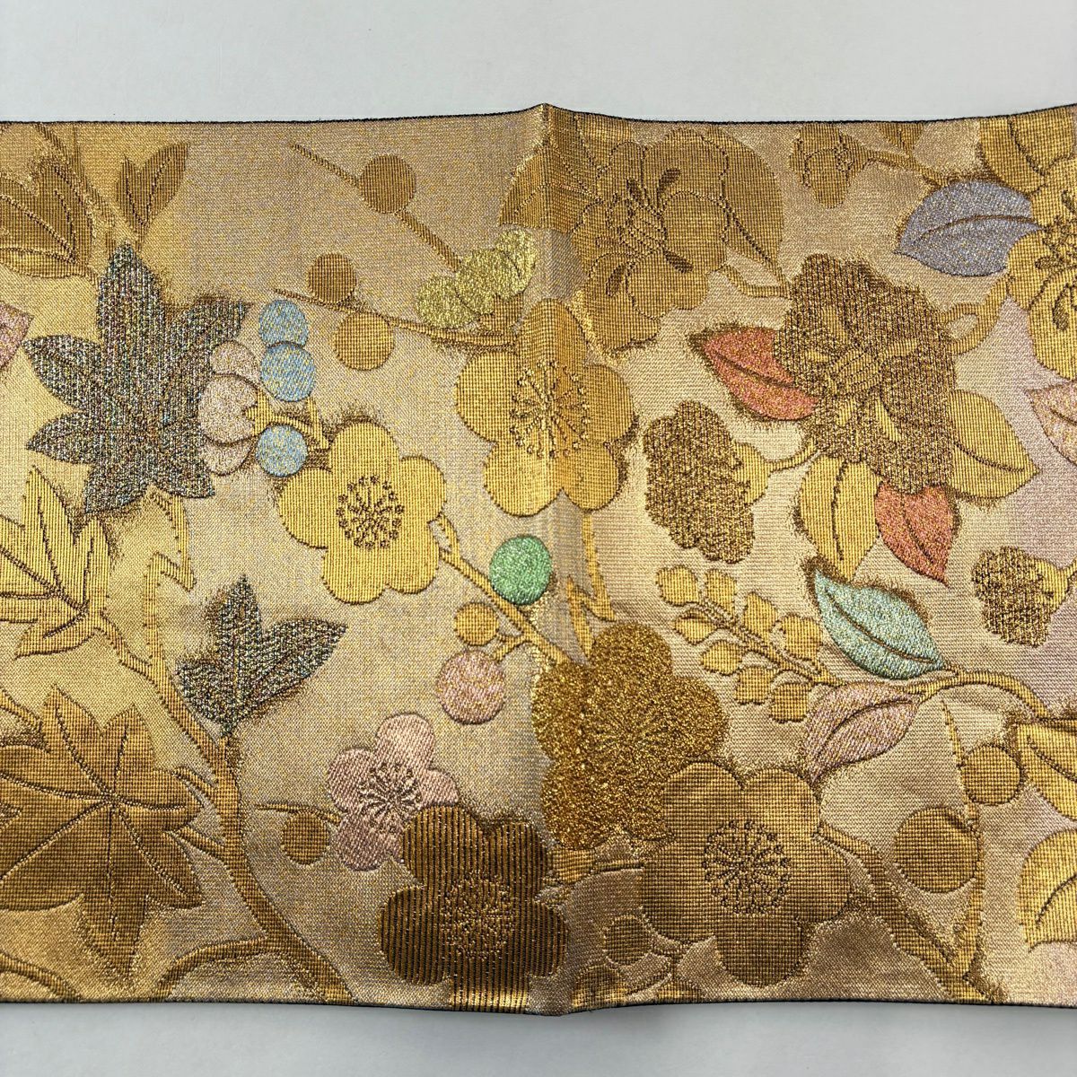 【美品】 袋帶 秀品級 枝花 椿 金絲 金金箔 金色 全通 純蠶絲