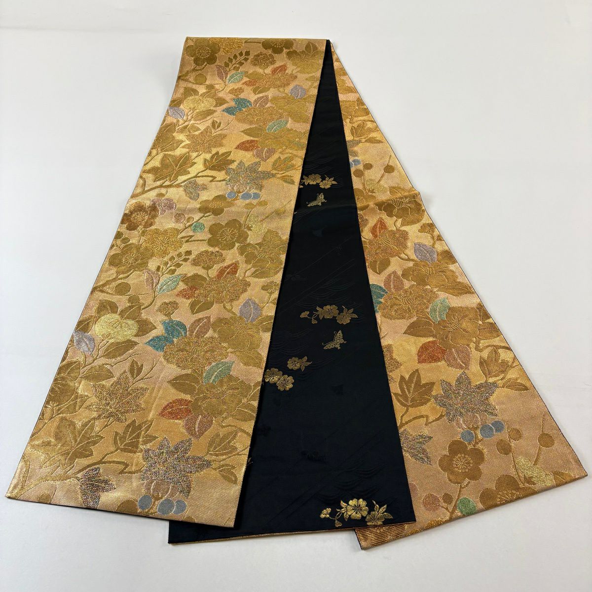 【美品】 袋帶 秀品級 枝花 椿 金絲 金金箔 金色 全通 純蠶絲