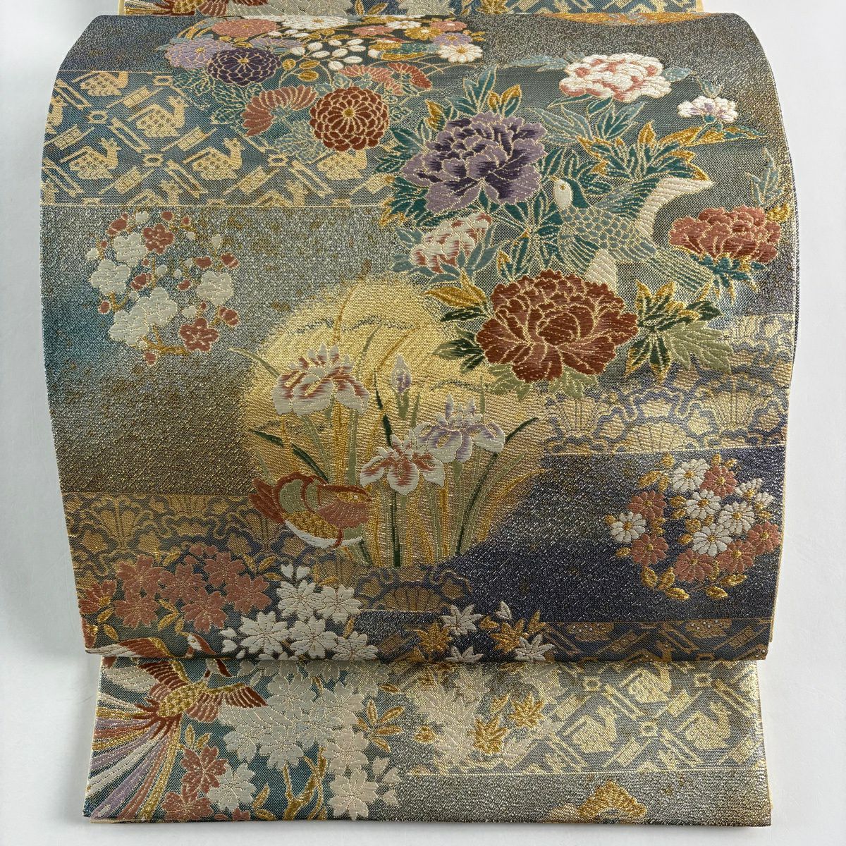 【美品】 袋帶 秀品級 草花紋紋 鳥 刺繡 金金箔 青綠 六通 純蠶絲