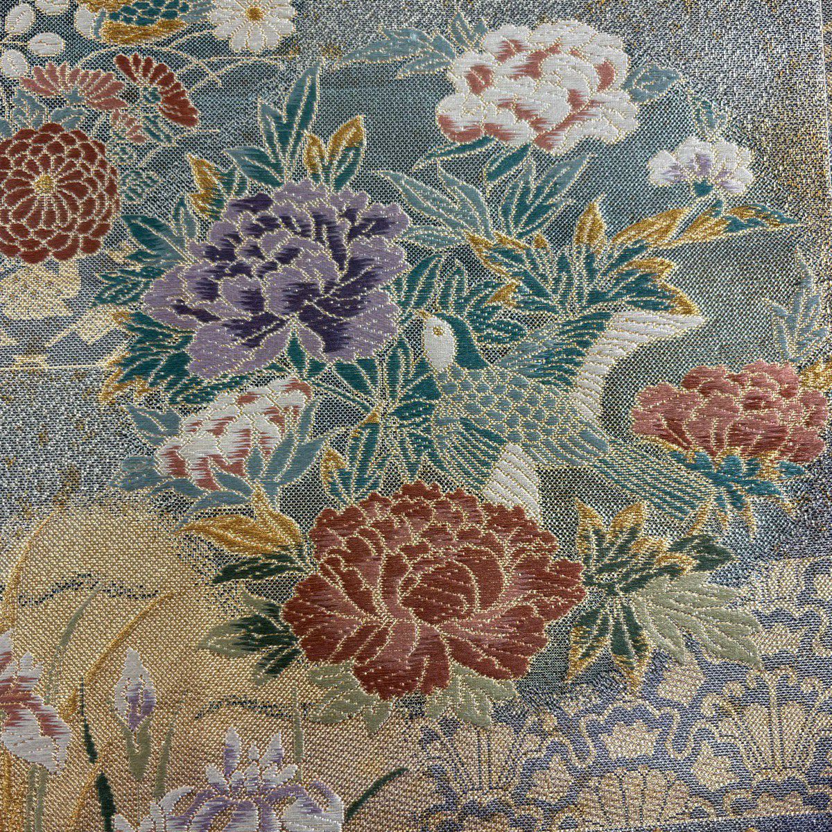 【美品】 袋帶 秀品級 草花紋紋 鳥 刺繡 金金箔 青綠 六通 純蠶絲