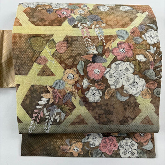 【美品】 名古屋帶 優品級 辻花染圖案 垣根 米色 純蠶絲