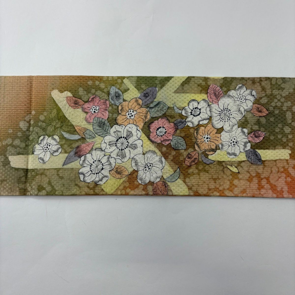 【美品】 名古屋帶 優品級 辻花染圖案 垣根 米色 純蠶絲