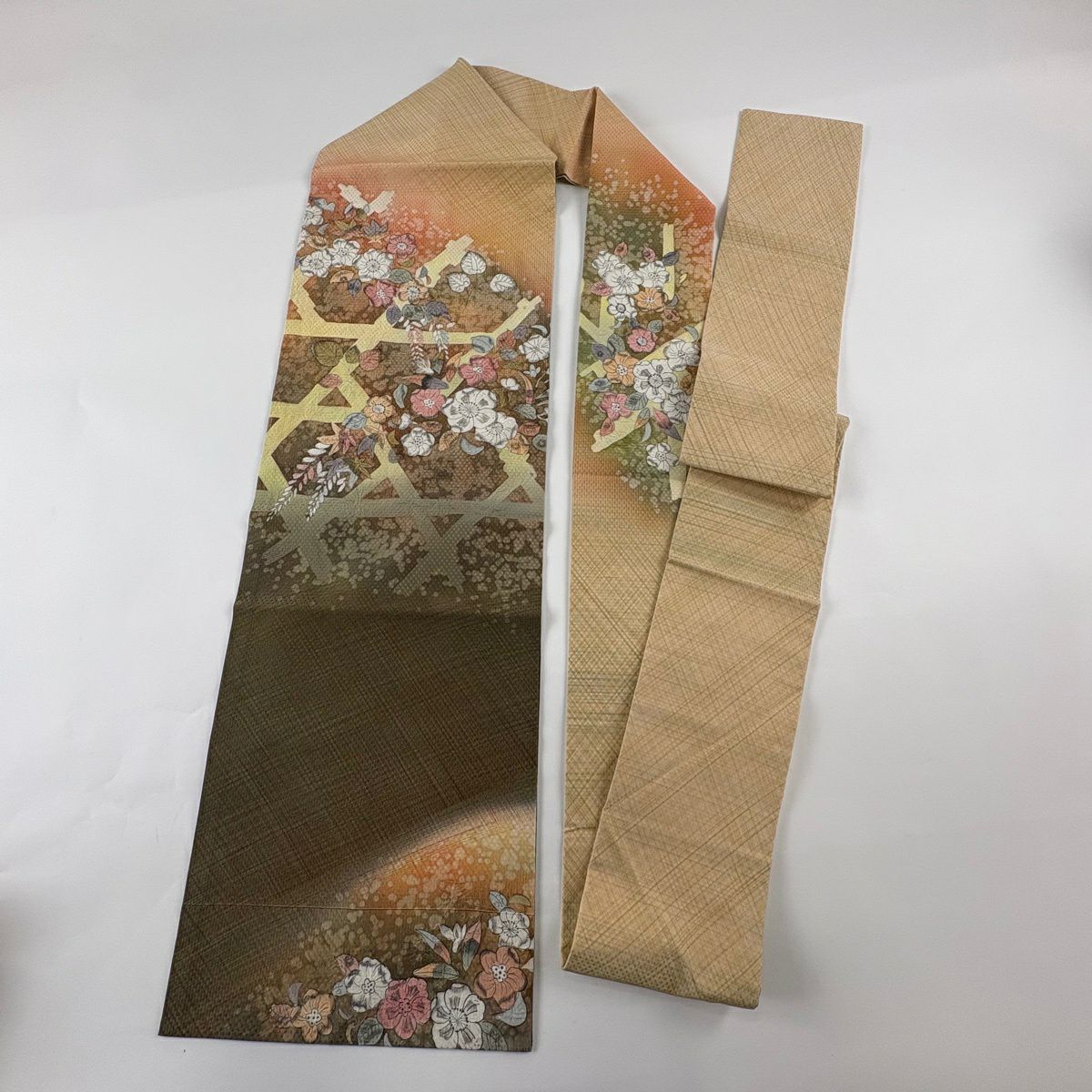 【美品】 名古屋帶 優品級 辻花染圖案 垣根 米色 純蠶絲