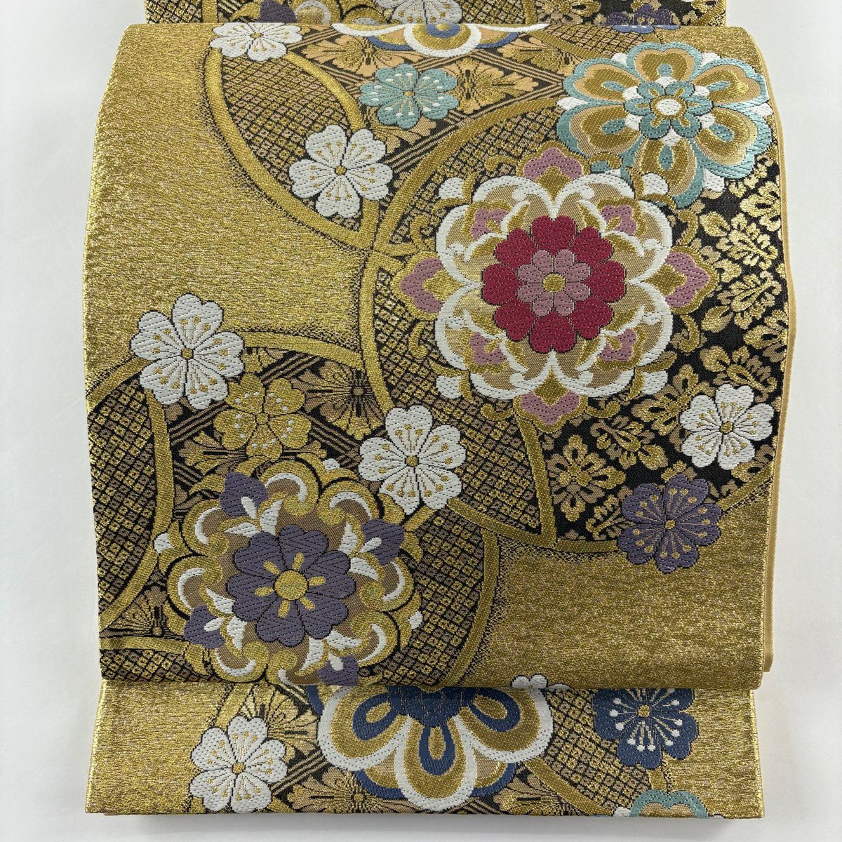 【美品】 袋帶 秀品級 華紋 櫻花 金絲 金金箔 金色 六通 純蠶絲