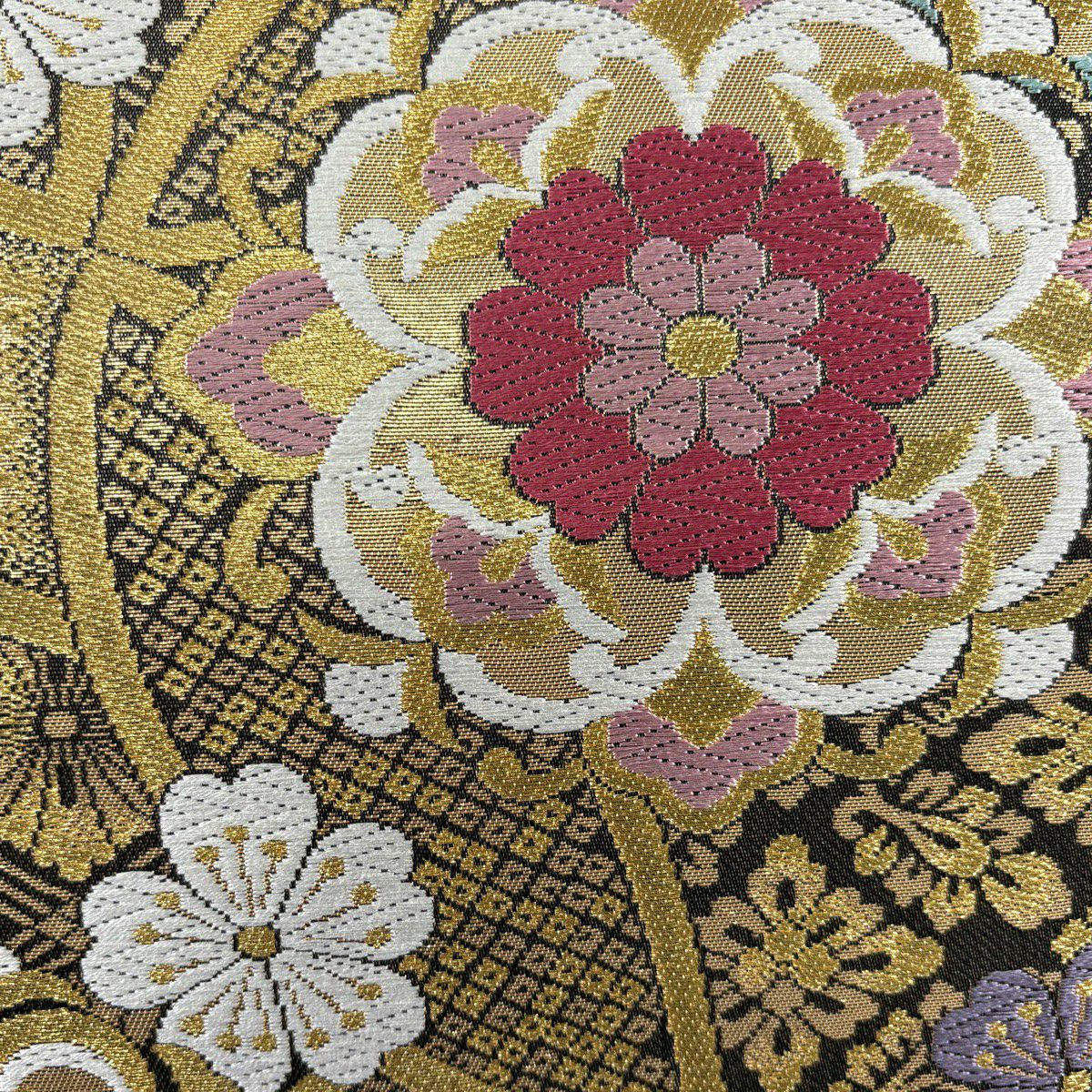 【美品】 袋帶 秀品級 華紋 櫻花 金絲 金金箔 金色 六通 純蠶絲