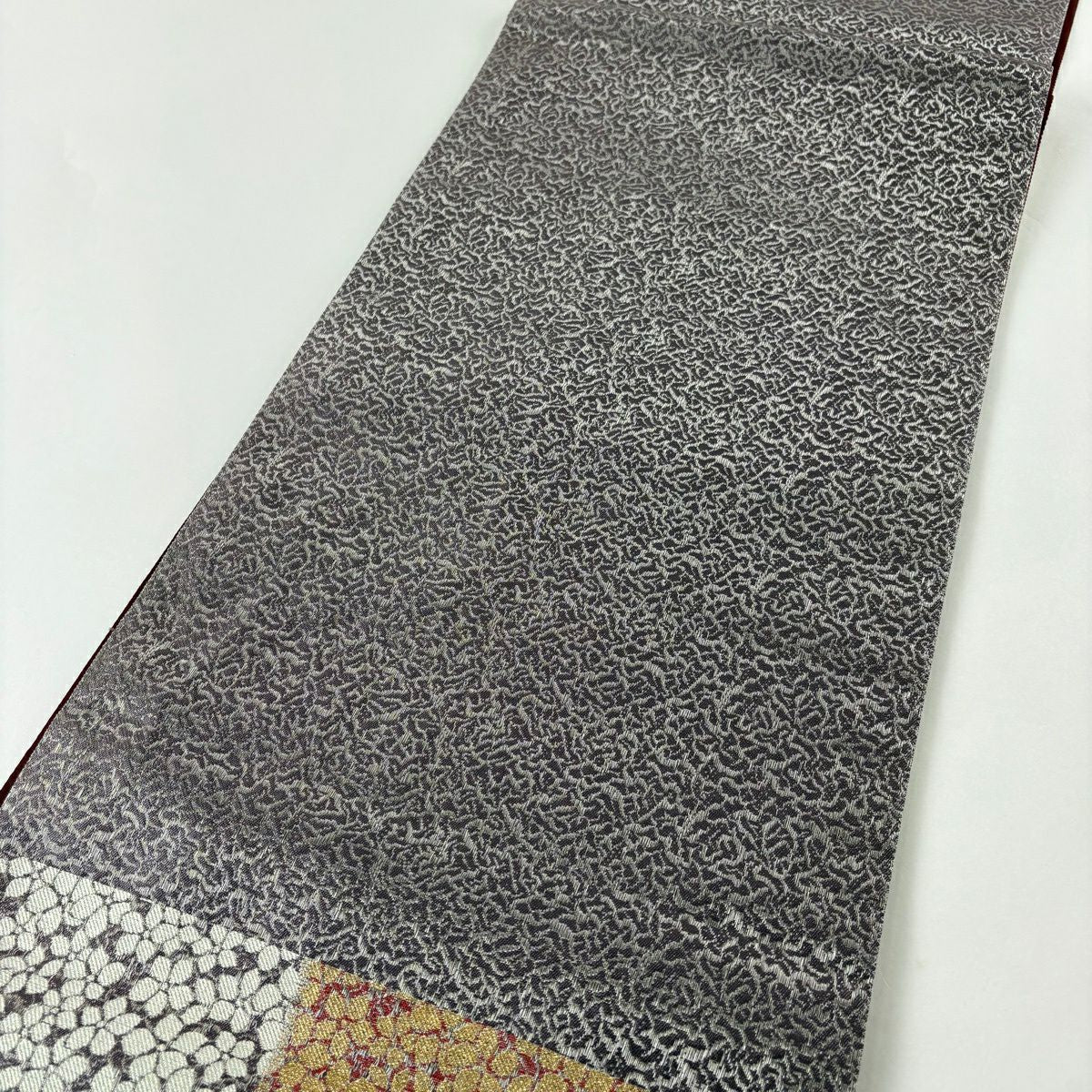 【美品】 袋帶 秀品級 草花紋紋 金金箔 銀線 灰紫 六通 純蠶絲