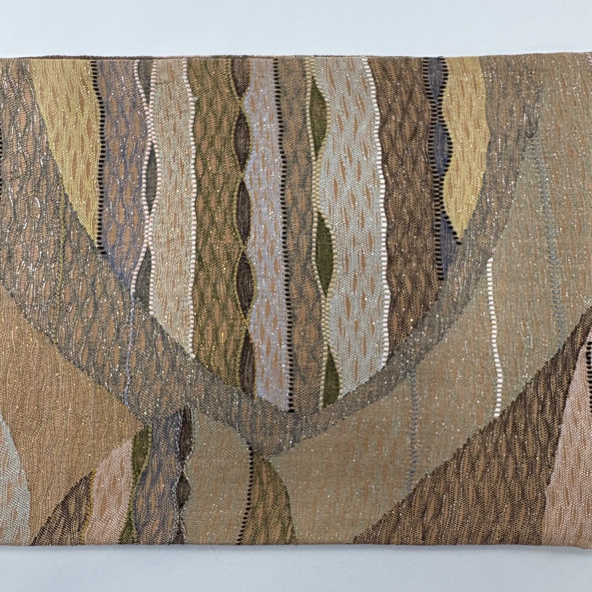 【美品】 袋帶 秀品級 幾何圖案 金銀線 淺茶 六通 純蠶絲