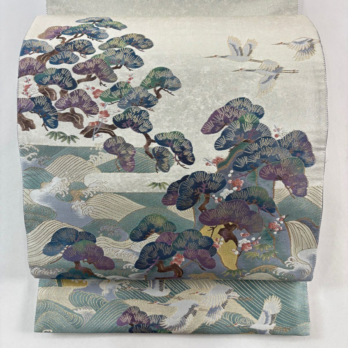 袋帶 秀品級 附有落款 松樹竹子梅花 仙鶴 金絲 金金箔 灰綠 お太鼓圖案 純蠶絲