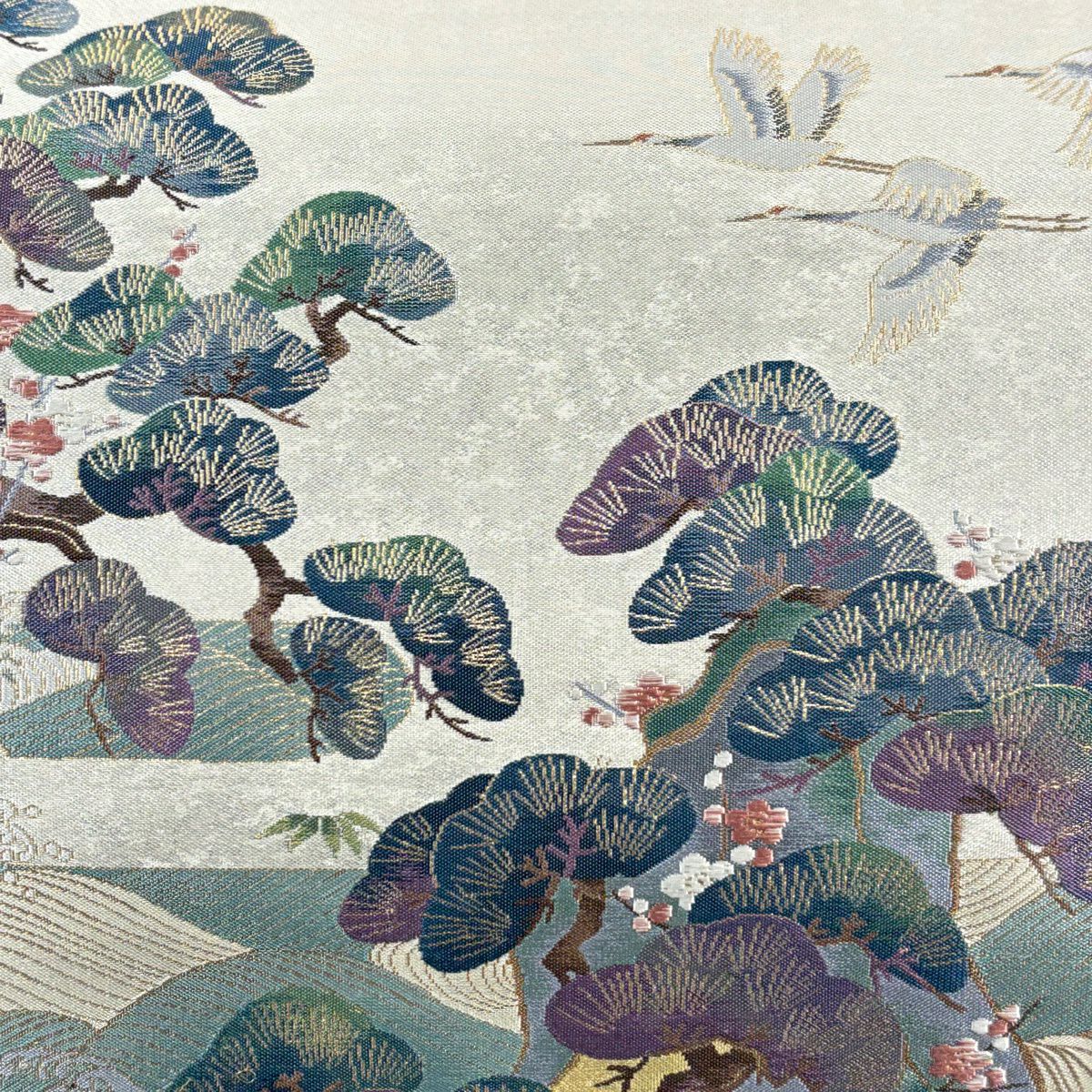 袋帶 秀品級 附有落款 松樹竹子梅花 仙鶴 金絲 金金箔 灰綠 お太鼓圖案 純蠶絲