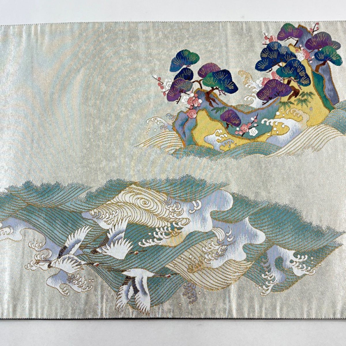 袋帶 秀品級 附有落款 松樹竹子梅花 仙鶴 金絲 金金箔 灰綠 お太鼓圖案 純蠶絲