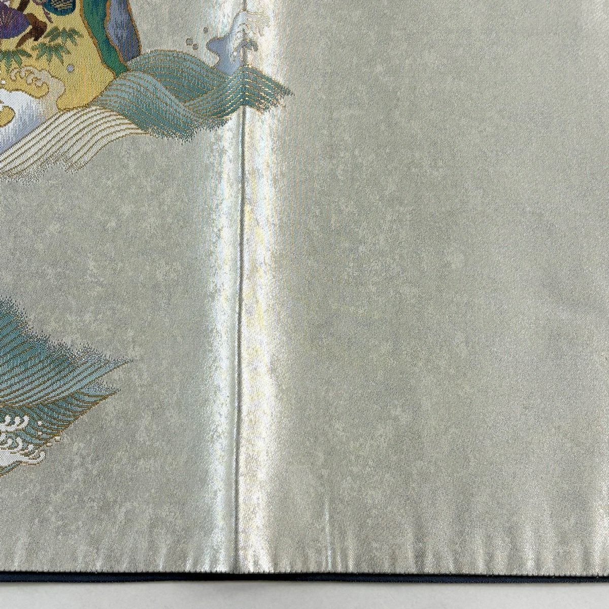 袋帶 秀品級 附有落款 松樹竹子梅花 仙鶴 金絲 金金箔 灰綠 お太鼓圖案 純蠶絲