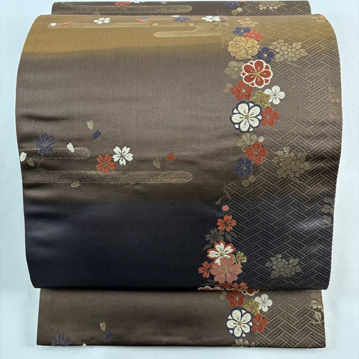 【美品】 袋帶 秀品級 樱花 霞 金絲 金金箔 茶紫 六通 純蠶絲