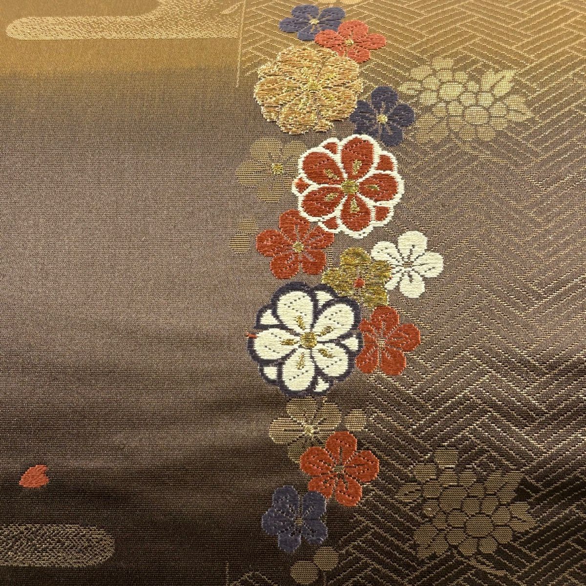 【美品】 袋帶 秀品級 樱花 霞 金絲 金金箔 茶紫 六通 純蠶絲