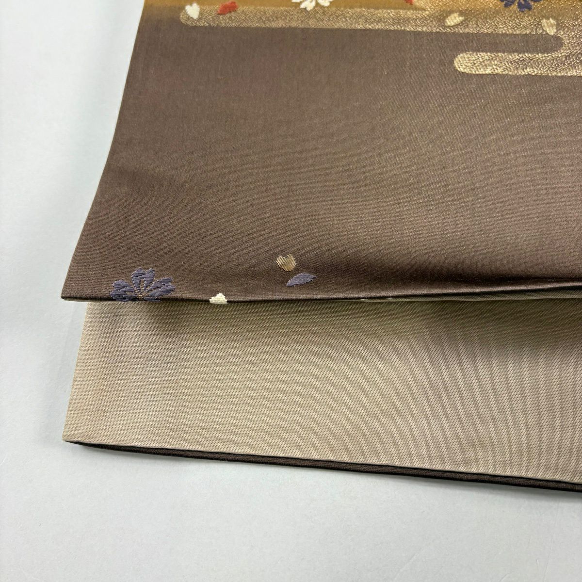 【美品】 袋帶 秀品級 樱花 霞 金絲 金金箔 茶紫 六通 純蠶絲