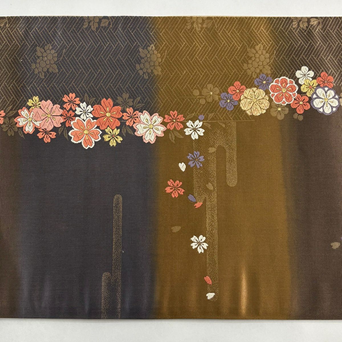 【美品】 袋帶 秀品級 樱花 霞 金絲 金金箔 茶紫 六通 純蠶絲