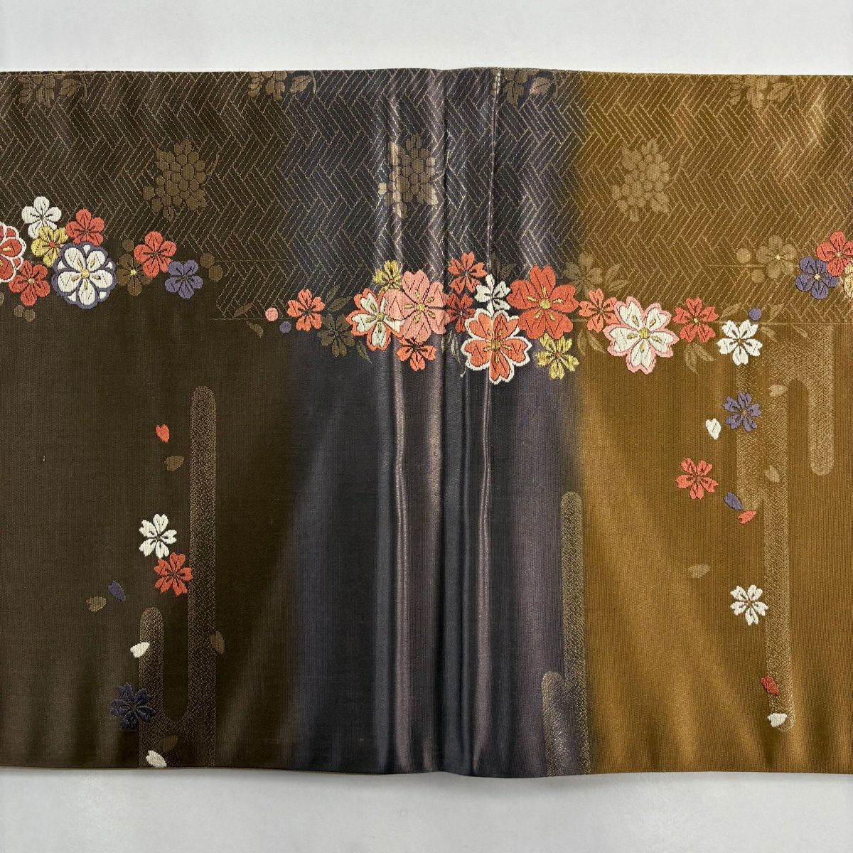 【美品】 袋帶 秀品級 樱花 霞 金絲 金金箔 茶紫 六通 純蠶絲