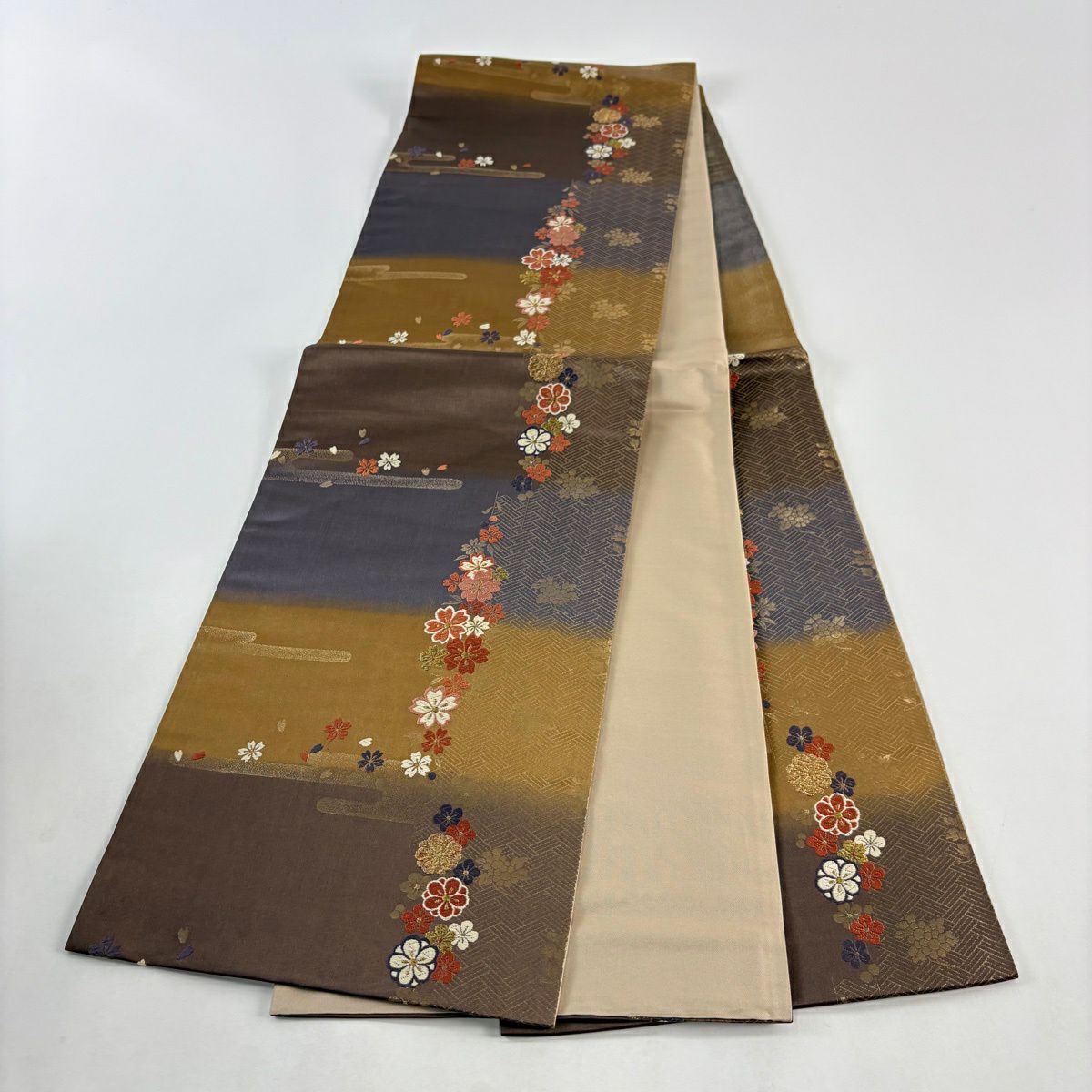 【美品】 袋帶 秀品級 樱花 霞 金絲 金金箔 茶紫 六通 純蠶絲