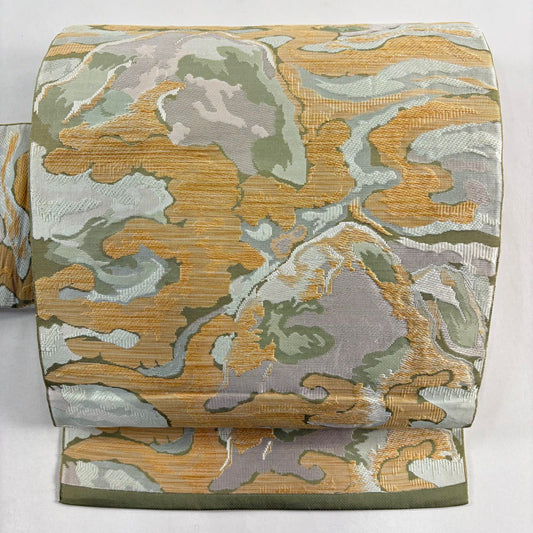 【美品】名古屋帶 秀品級 關西仕立 幾何學 よもぎ色 純蠶絲