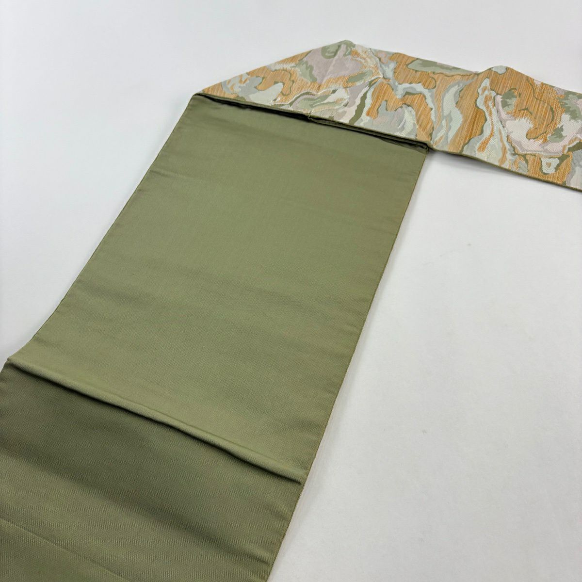 【美品】名古屋帶 秀品級 關西仕立 幾何學 よもぎ色 純蠶絲