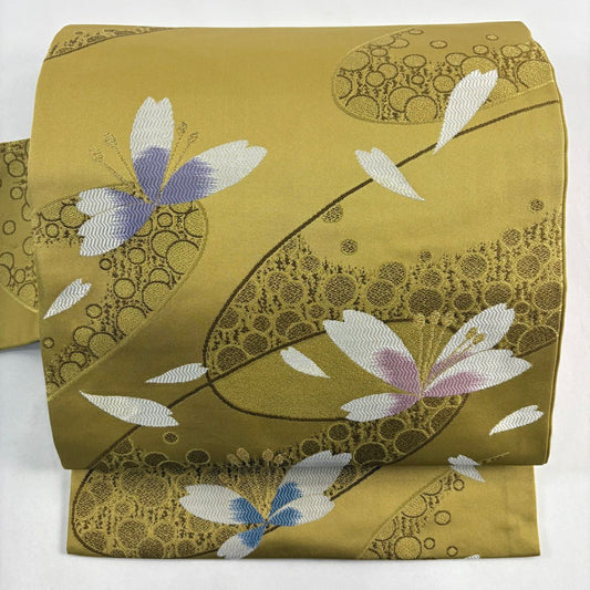 【美品】 名古屋帶 秀品級 證書齊全 櫻花 幾何學 金線 鶯色 純蠶絲