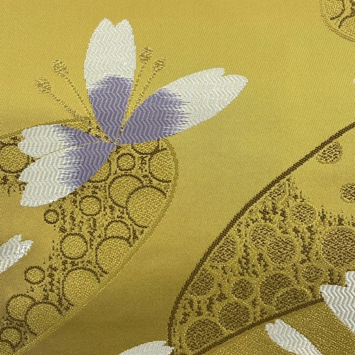【美品】 名古屋帶 秀品級 證書齊全 櫻花 幾何學 金線 鶯色 純蠶絲