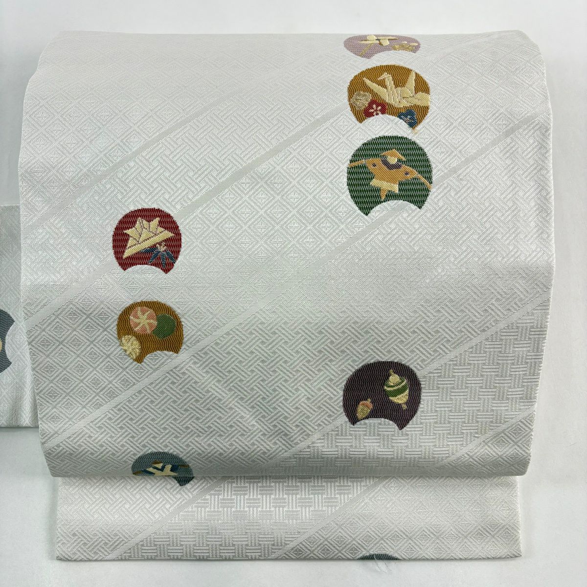 名古屋帶 秀品級 玩具 折仙鶴 金金箔 灰白 純蠶絲