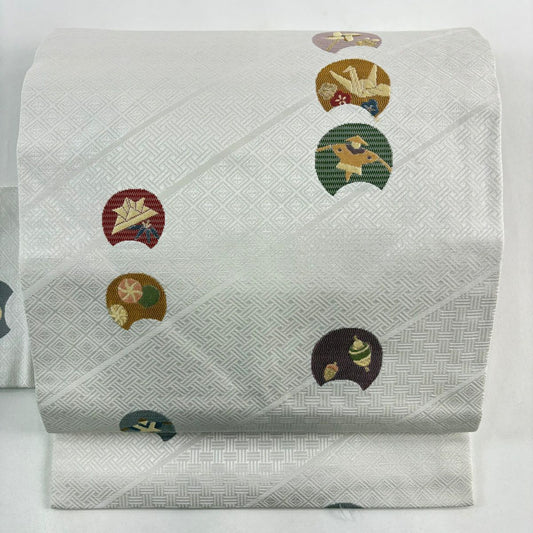 名古屋帶 秀品級 玩具 折仙鶴 金金箔 灰白 純蠶絲