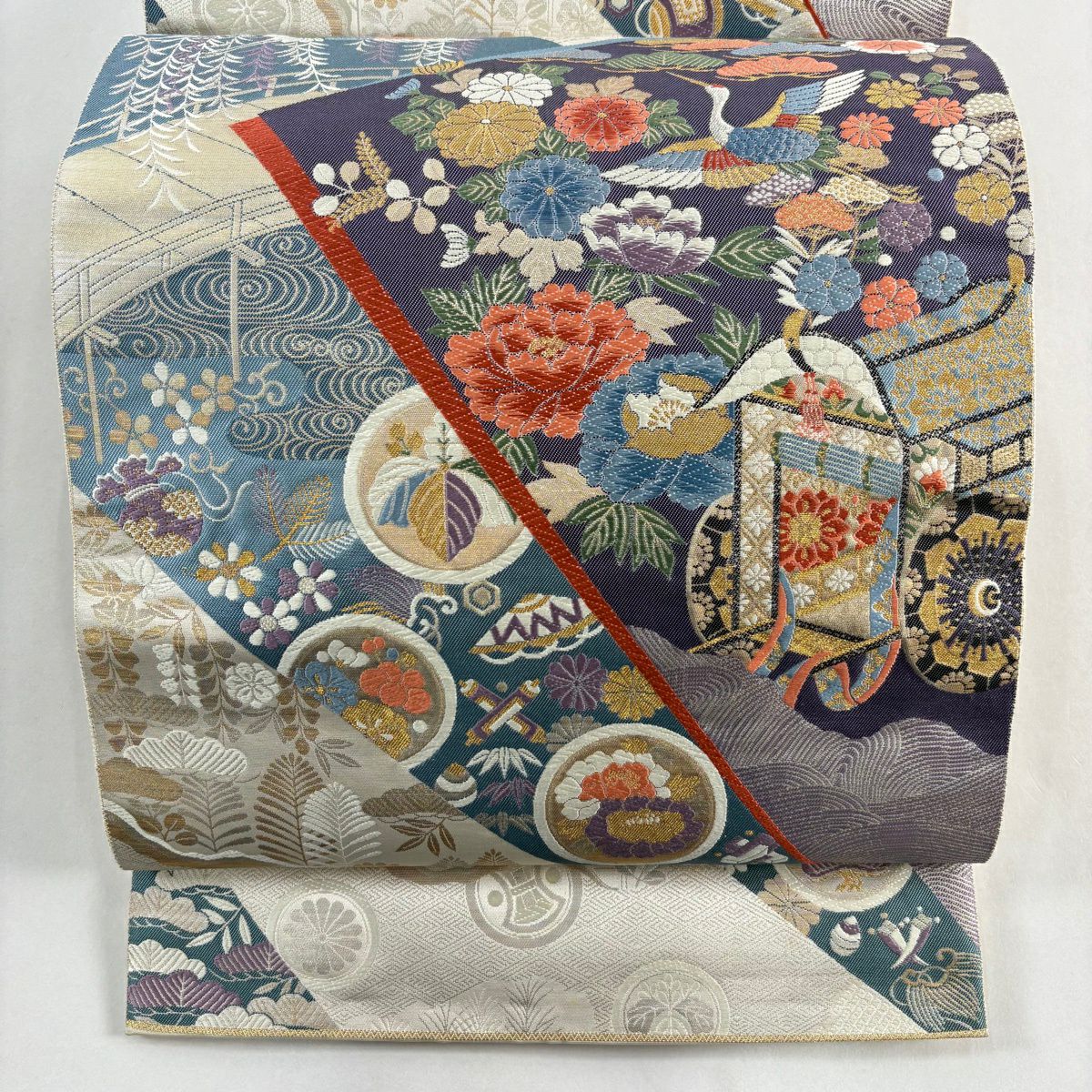 【美品】 袋帶 秀品級 關西仕立 雙層 御所車 草花紋紋 金金箔 金銀彩 紫 六通 純蠶絲