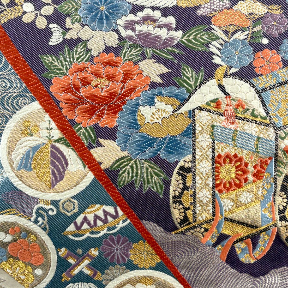 【美品】 袋帶 秀品級 關西仕立 雙層 御所車 草花紋紋 金金箔 金銀彩 紫 六通 純蠶絲