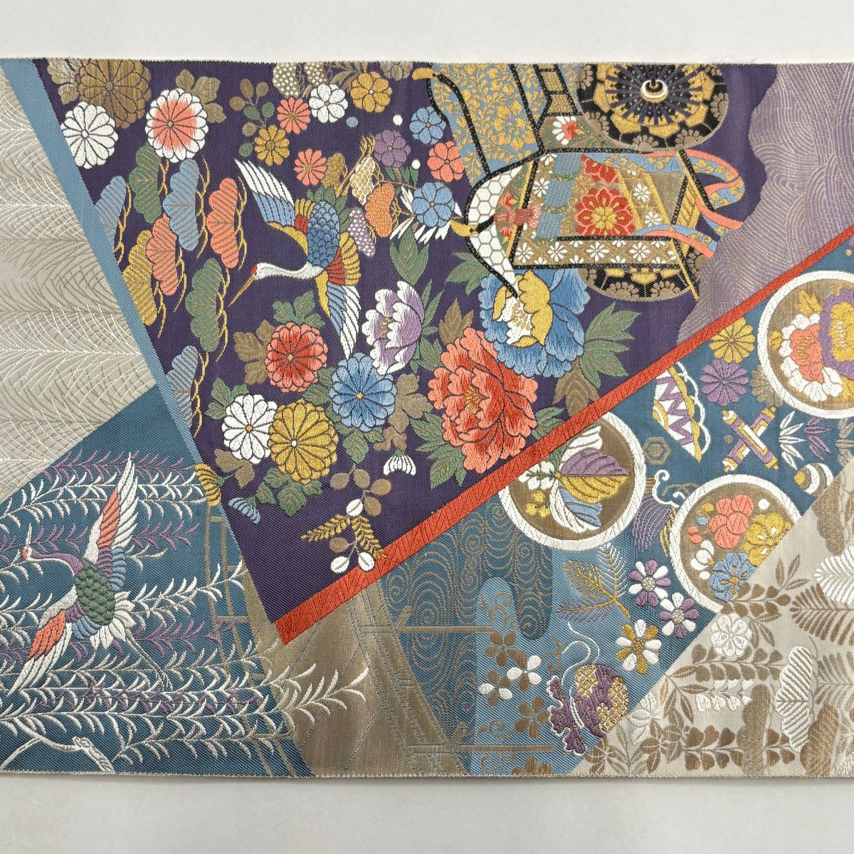 【美品】 袋帶 秀品級 關西仕立 雙層 御所車 草花紋紋 金金箔 金銀彩 紫 六通 純蠶絲