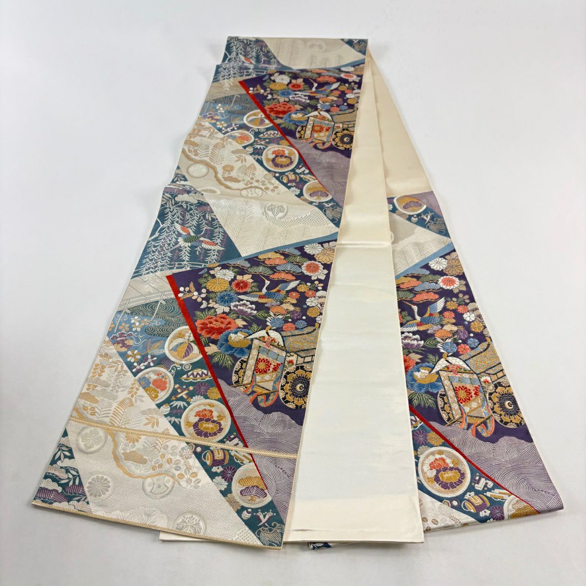【美品】 袋帶 秀品級 關西仕立 雙層 御所車 草花紋紋 金金箔 金銀彩 紫 六通 純蠶絲