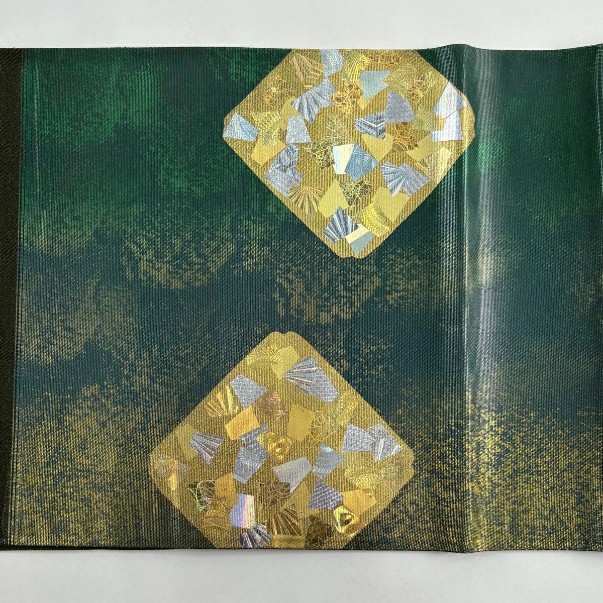 袋帶 秀品級 幾何學 金金箔散佈 金銀彩 綠色 大鼓圖案 純蠶絲