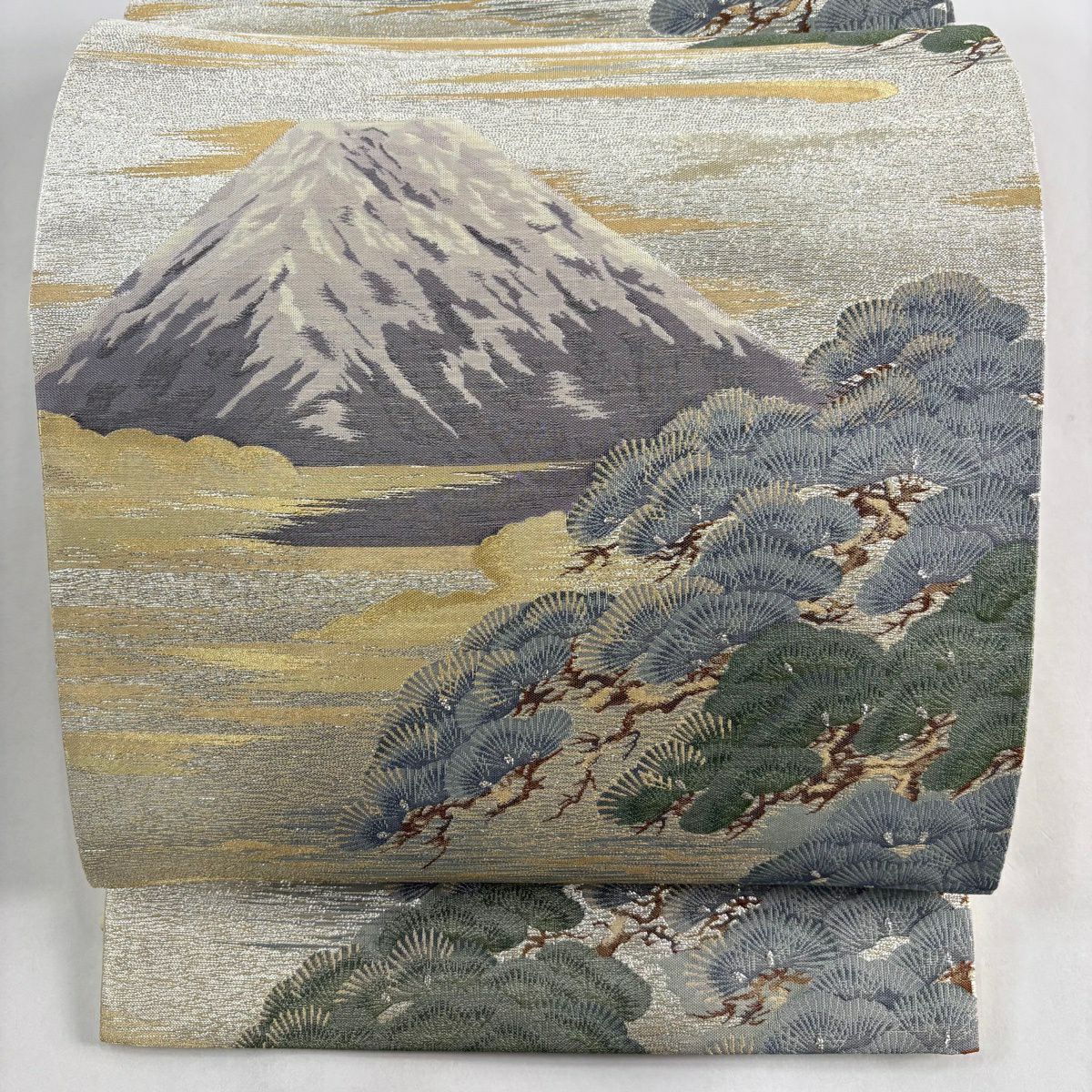 【美品】 袋帶 秀品級 山 松樹 金絲 金金箔 黃土 深色 六通 純蠶絲