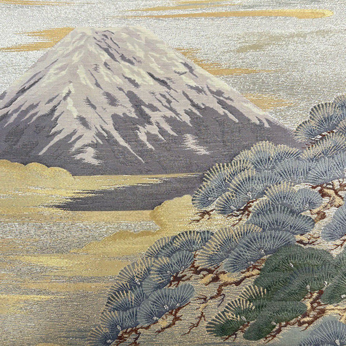 【美品】 袋帶 秀品級 山 松樹 金絲 金金箔 黃土 深色 六通 純蠶絲