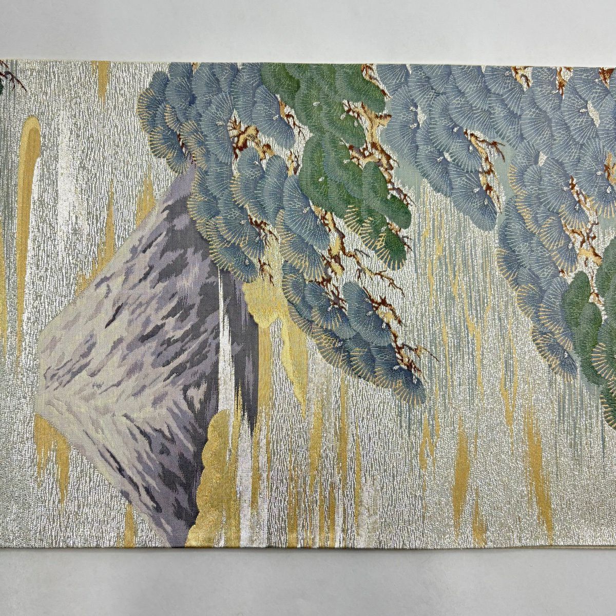 【美品】 袋帶 秀品級 山 松樹 金絲 金金箔 黃土 深色 六通 純蠶絲