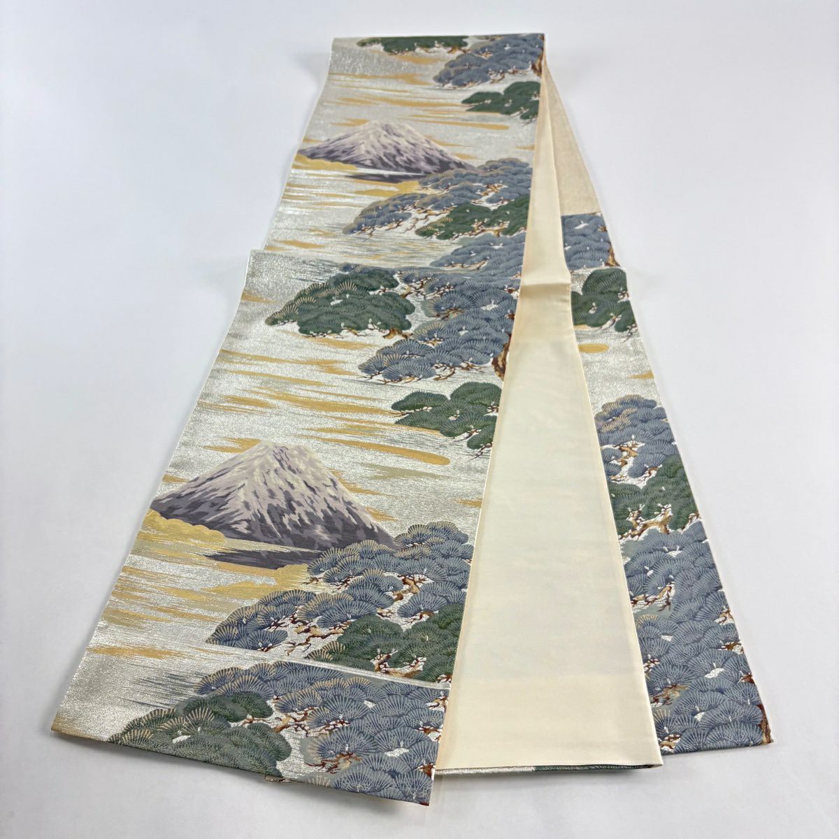 【美品】 袋帶 秀品級 山 松樹 金絲 金金箔 黃土 深色 六通 純蠶絲
