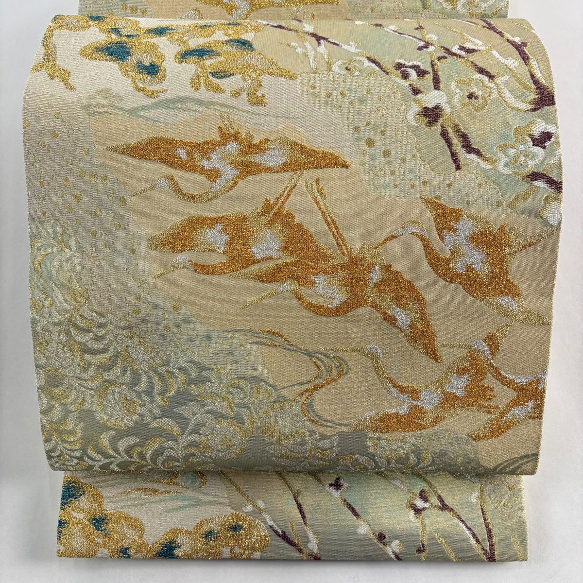 【美品】 袋帶 秀品級 梅花 仙鶴 金絲 金金箔 金色 六通 純蠶絲