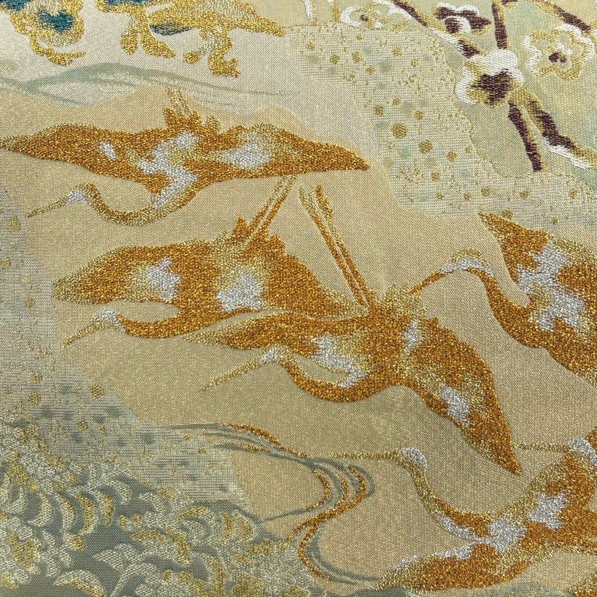 【美品】 袋帶 秀品級 梅花 仙鶴 金絲 金金箔 金色 六通 純蠶絲