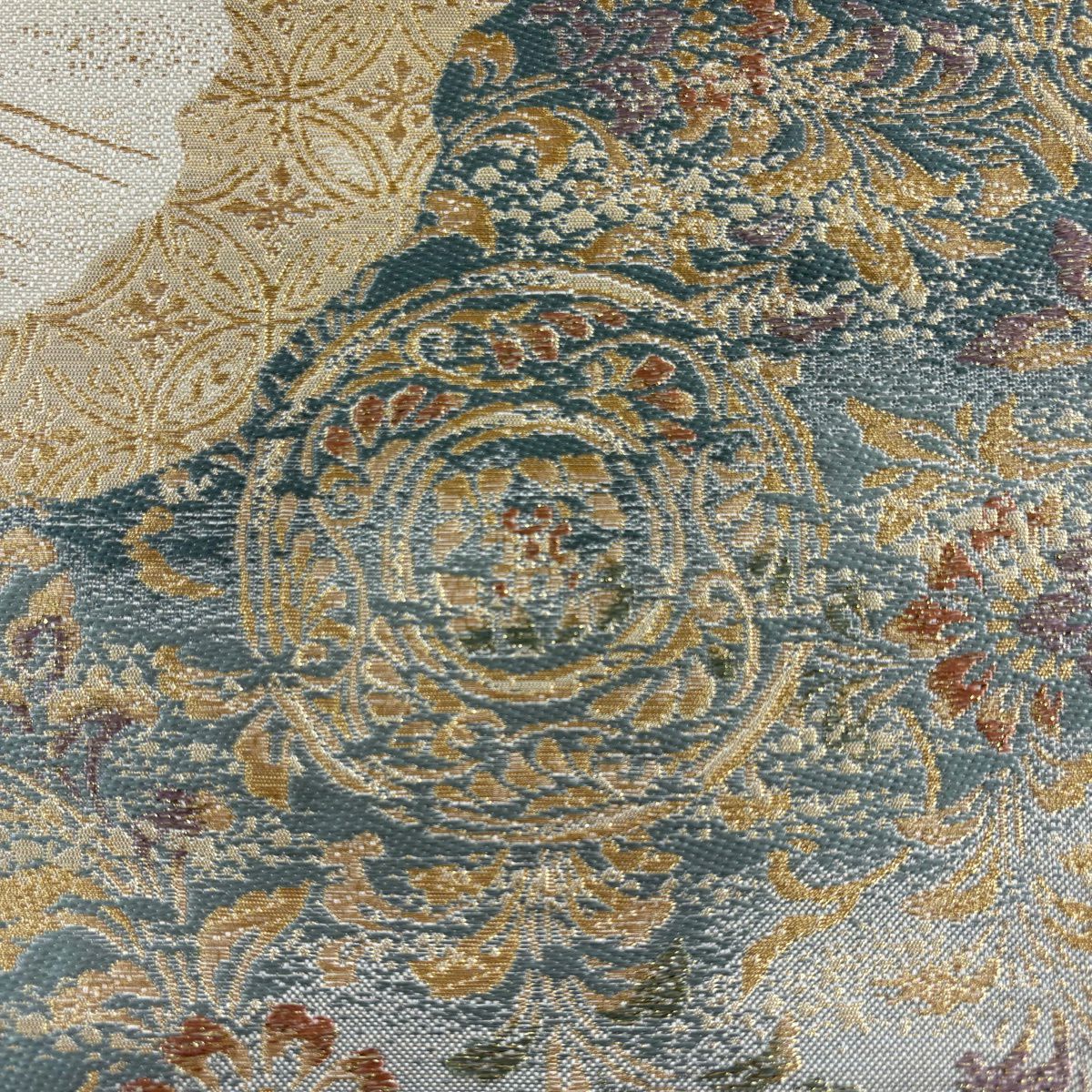 袋帶 秀品級 草花紋紋 波頭 金絲 金金箔 淺青綠 六通 純蠶絲