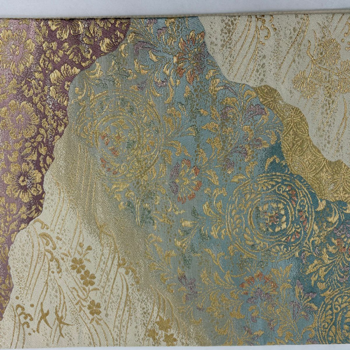 袋帶 秀品級 草花紋紋 波頭 金絲 金金箔 淺青綠 六通 純蠶絲