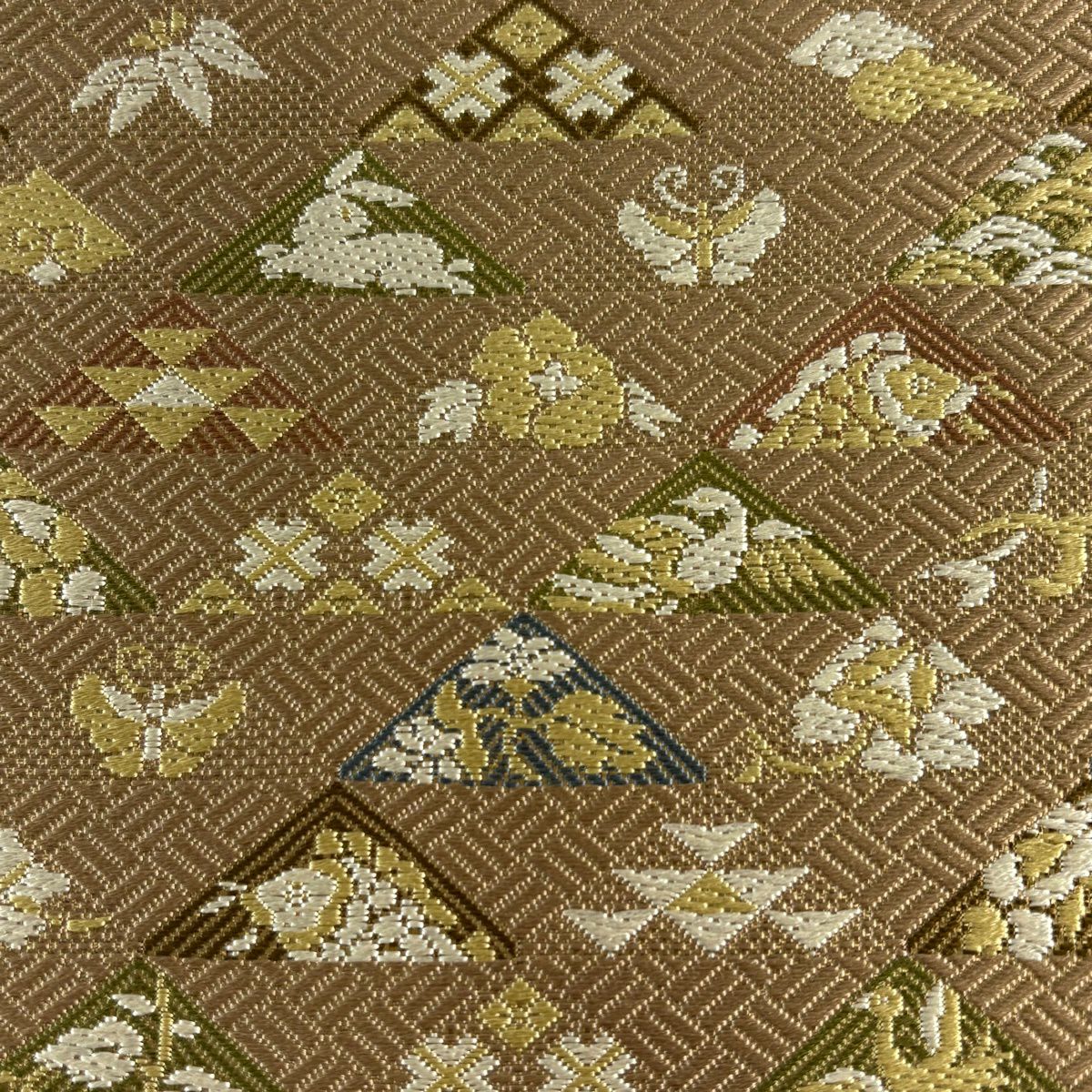 【美品】 袋帶 秀品級 鱗文 兔子 金金箔 淺茶 深色 六通 純蠶絲