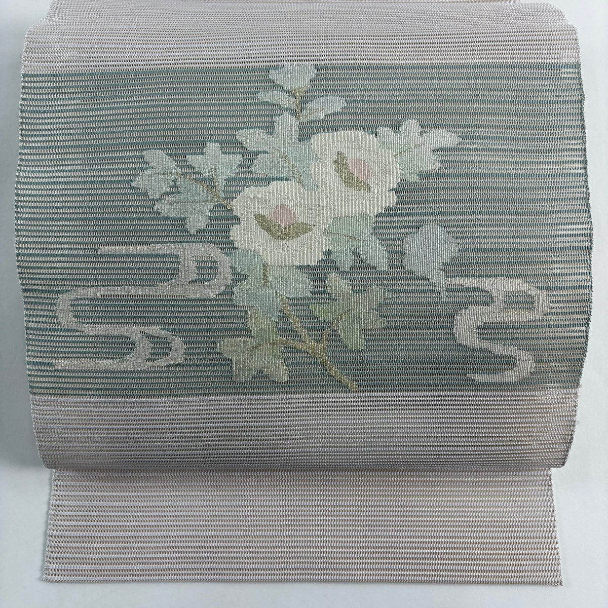 【美品】名古屋帶 秀品級 夏帶 絽 八寸名古屋帶 松樹葉仕立 草花紋紋 流水 金銀彩 灰綠 純蠶絲