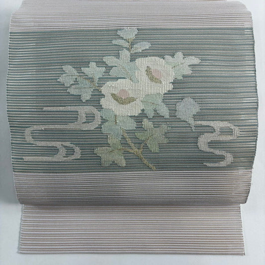 【美品】名古屋帶 秀品級 夏帶 絽 八寸名古屋帶 松樹葉仕立 草花紋紋 流水 金銀彩 灰綠 純蠶絲