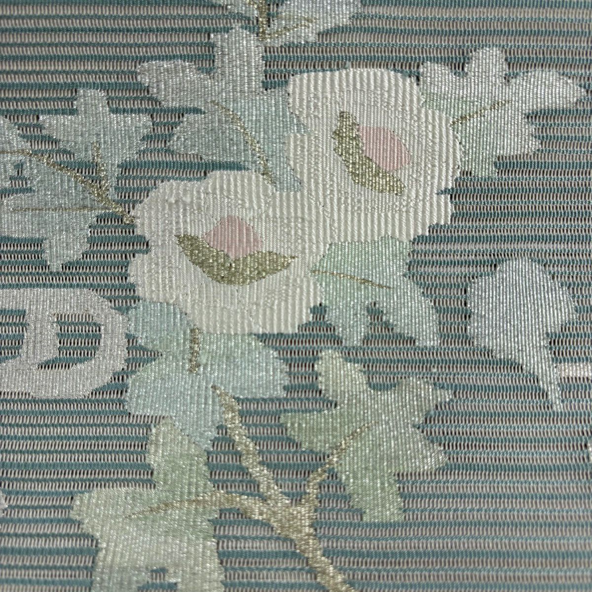 【美品】名古屋帶 秀品級 夏帶 絽 八寸名古屋帶 松樹葉仕立 草花紋紋 流水 金銀彩 灰綠 純蠶絲