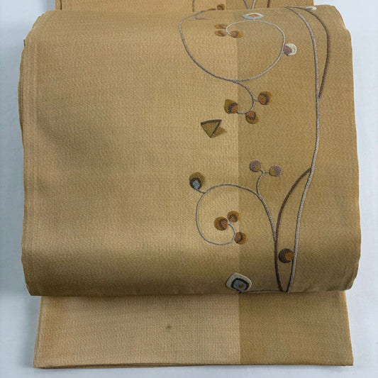 袋帶 秀品級 花唐草紋 相良刺繡 淺橙色 大鼓圖案 純蠶絲