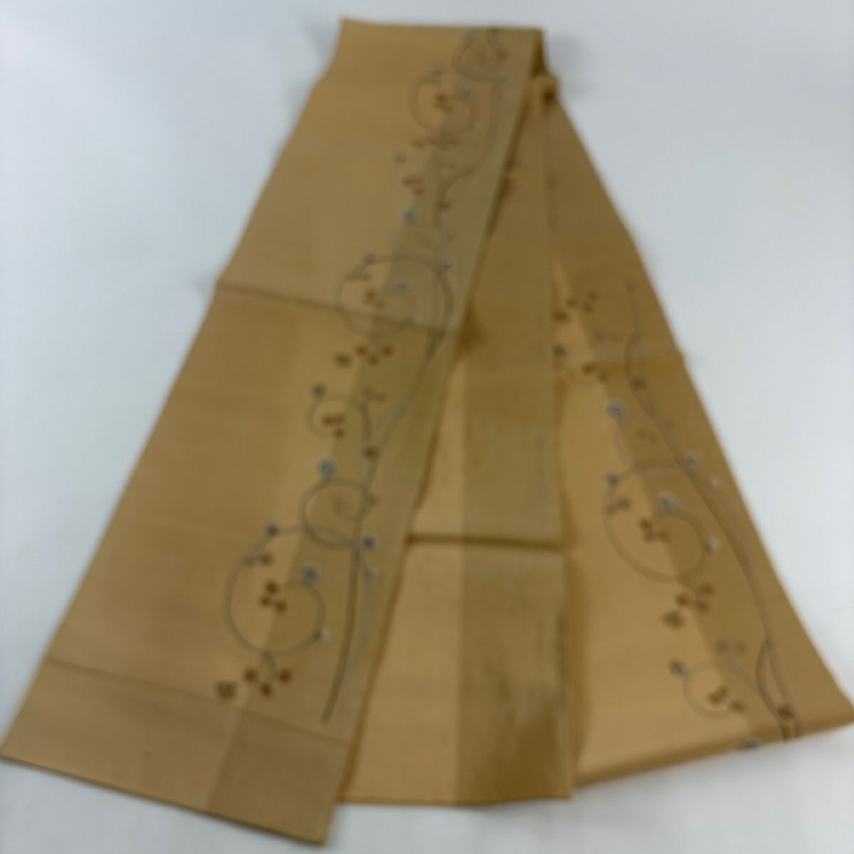 袋帶 秀品級 花唐草紋 相良刺繡 淺橙色 大鼓圖案 純蠶絲